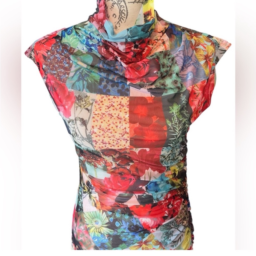 Anthropologie The MAYA Ruched collar Patchwork Patterned Roses Print - Picture 3 of 5
